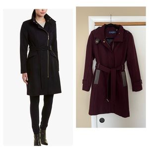 Cole Haan Stand Collar Leather Trim Wool Blend Coat